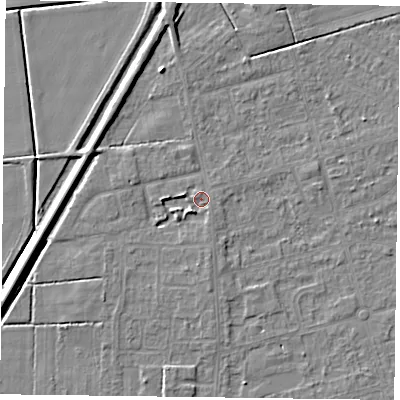 Shaded relief map of the ground around DN84PB, computed from Environment Agency LiDAR. The ground here sits at about 2 m above sea level and falls 5 m across the surrounding 800 m. Surface water reaching this point runs off ground lying to the south-west, 2.8 m higher.