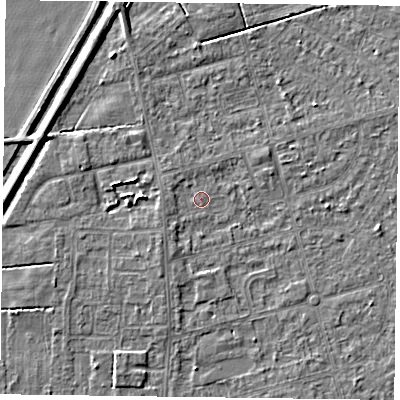 Shaded relief map of the ground around DN84PD, computed from Environment Agency LiDAR. The ground here sits at about 2 m above sea level and falls 4 m across the surrounding 800 m. Surface water reaching this point runs off ground lying to the south-west, 1.3 m higher.