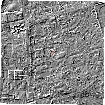 Shaded relief map of the ground around DN84PE, computed from Environment Agency LiDAR. The ground here sits at about 2 m above sea level and falls 4 m across the surrounding 800 m. Surface water reaching this point runs off ground lying to the west, 1.3 m higher.