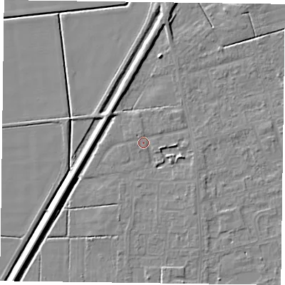 Shaded relief map of the ground around DN84PF, computed from Environment Agency LiDAR. The ground here sits at about 3 m above sea level and falls 5 m across the surrounding 800 m. Surface water reaching this point runs off ground lying to the north-north-west, 1.1 m higher.