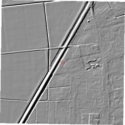 Shaded relief map of the ground around DN84PG, computed from Environment Agency LiDAR. The ground here sits at about 2 m above sea level and falls 5 m across the surrounding 800 m. Surface water reaching this point runs off ground lying to the north, 3.7 m higher.
