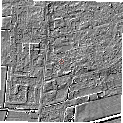 Shaded relief map of the ground around DN84PR, computed from Environment Agency LiDAR. The ground here sits at about 2 m above sea level and falls 14 m across the surrounding 800 m. Surface water reaching this point runs off ground lying to the north-north-west, 2.1 m higher.