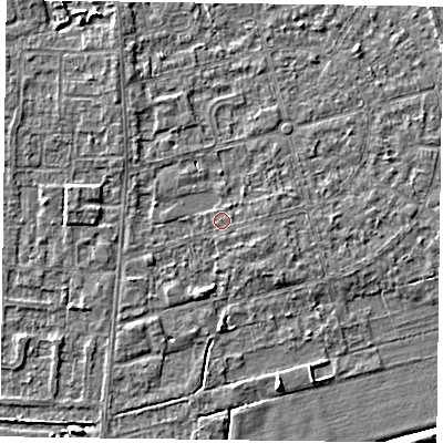 Shaded relief map of the ground around DN84PS, computed from Environment Agency LiDAR. The ground here sits at about 2 m above sea level and falls 5 m across the surrounding 800 m. Surface water reaching this point runs off ground lying to the east-south-east, 0.6 m higher.