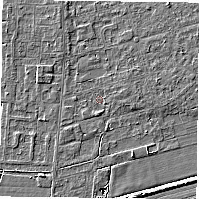 Shaded relief map of the ground around DN84PT, computed from Environment Agency LiDAR. The ground here sits at about 2 m above sea level and falls 14 m across the surrounding 800 m. Surface water reaching this point runs off ground lying to the north-north-west, 2.1 m higher.