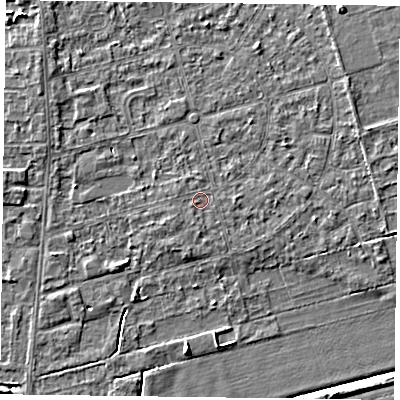 Shaded relief map of the ground around DN84PU, computed from Environment Agency LiDAR. The ground here sits at about 2 m above sea level and falls 5 m across the surrounding 800 m. Surface water reaching this point runs off ground lying to the south-west, 0.7 m higher.