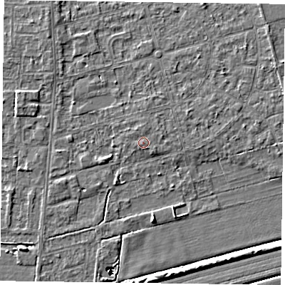 Shaded relief map of the ground around DN84PX, computed from Environment Agency LiDAR. The ground here sits at about 2 m above sea level and falls 14 m across the surrounding 800 m. Surface water reaching this point runs off ground lying to the north, 0.6 m higher.