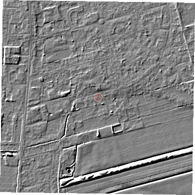 Shaded relief map of the ground around DN84PY, computed from Environment Agency LiDAR. The ground here sits at about 2 m above sea level and falls 14 m across the surrounding 800 m. Surface water reaching this point runs off ground lying to the north-north-west, 1.2 m higher.