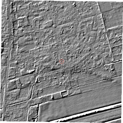Shaded relief map of the ground around DN84PZ, computed from Environment Agency LiDAR. The ground here sits at about 2 m above sea level and falls 14 m across the surrounding 800 m. Surface water reaching this point runs off ground lying to the west-north-west, 0.7 m higher.