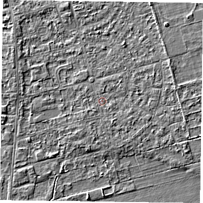 Shaded relief map of the ground around DN84QA, computed from Environment Agency LiDAR. The ground here sits at about 2 m above sea level and falls 4 m across the surrounding 800 m. Surface water reaching this point runs off ground lying to the south-south-east, 0.6 m higher.