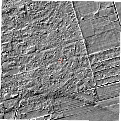 Shaded relief map of the ground around DN84QB, computed from Environment Agency LiDAR. The ground here sits at about 2 m above sea level and falls 3 m across the surrounding 800 m. Surface water reaching this point runs off ground lying to the south-south-west, 0.8 m higher.