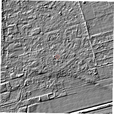 Shaded relief map of the ground around DN84QD, computed from Environment Agency LiDAR. The ground here sits at about 2 m above sea level and falls 3 m across the surrounding 800 m. Surface water reaching this point runs off ground lying to the west, 0.6 m higher.