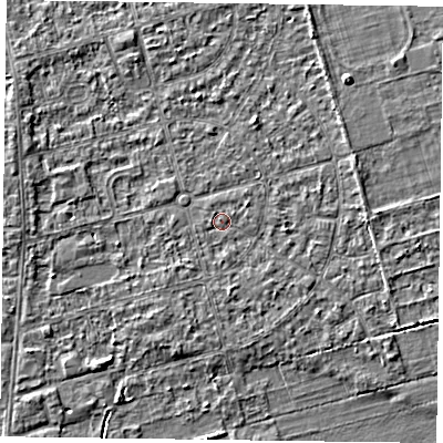 Shaded relief map of the ground around DN84QF, computed from Environment Agency LiDAR. The ground here sits at about 2 m above sea level and falls 3 m across the surrounding 800 m. Surface water reaching this point runs off ground lying to the south, 0.8 m higher.