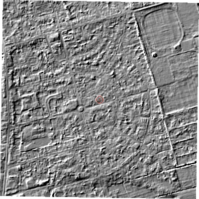 Shaded relief map of the ground around DN84QG, computed from Environment Agency LiDAR. The ground here sits at about 2 m above sea level and falls 2 m across the surrounding 800 m. Surface water reaching this point runs off ground lying to the south-west, 0.9 m higher.
