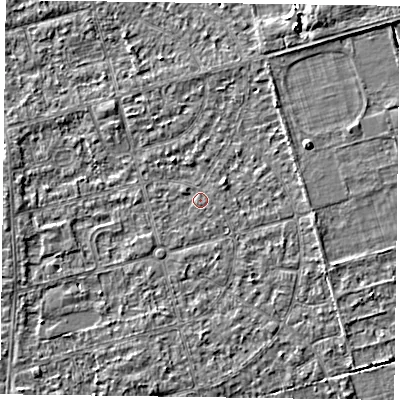 Shaded relief map of the ground around DN84QH, computed from Environment Agency LiDAR. The ground here sits at about 2 m above sea level and falls 3 m across the surrounding 800 m. Surface water reaching this point runs off ground lying to the south-west, 1.0 m higher.