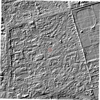 Shaded relief map of the ground around DN84QJ, computed from Environment Agency LiDAR. The ground here sits at about 2 m above sea level and falls 3 m across the surrounding 800 m. Surface water reaching this point runs off ground lying to the south, 1.2 m higher.