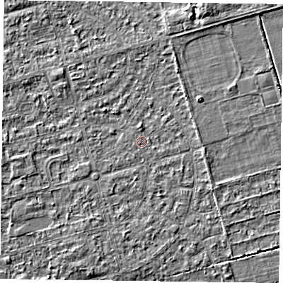 Shaded relief map of the ground around DN84QL, computed from Environment Agency LiDAR. The ground here sits at about 2 m above sea level and falls 3 m across the surrounding 800 m. Surface water reaching this point runs off ground lying to the south-west, 1.0 m higher.
