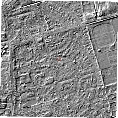 Shaded relief map of the ground around DN84QN, computed from Environment Agency LiDAR. The ground here sits at about 2 m above sea level and falls 4 m across the surrounding 800 m. Surface water reaching this point runs off ground lying to the north, 0.9 m higher.