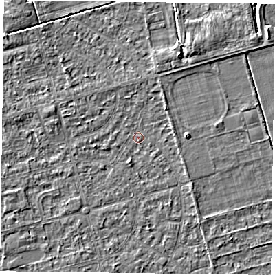 Shaded relief map of the ground around DN84QP, computed from Environment Agency LiDAR. The ground here sits at about 2 m above sea level and falls 5 m across the surrounding 800 m. Surface water reaching this point runs off ground lying to the south-west, 0.7 m higher.