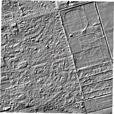 Shaded relief map of the ground around DN84QQ, computed from Environment Agency LiDAR. The ground here sits at about 2 m above sea level and falls 3 m across the surrounding 800 m. Surface water reaching this point runs off ground lying to the south-south-west, 1.1 m higher.