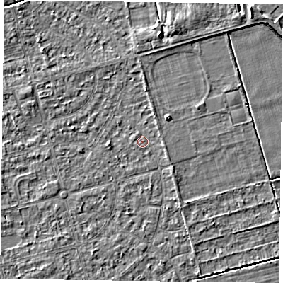 Shaded relief map of the ground around DN84QR, computed from Environment Agency LiDAR. The ground here sits at about 2 m above sea level and falls 4 m across the surrounding 800 m. Surface water reaching this point runs off ground lying to the south-east, 1.1 m higher.