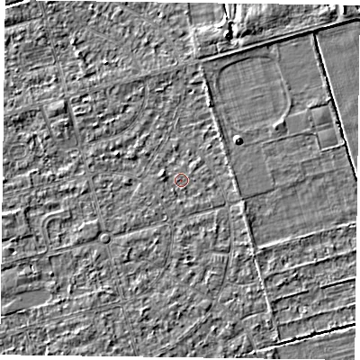 Shaded relief map of the ground around DN84QS, computed from Environment Agency LiDAR. The ground here sits at about 2 m above sea level and falls 4 m across the surrounding 800 m. Surface water reaching this point runs off ground lying to the south-west, 0.9 m higher.