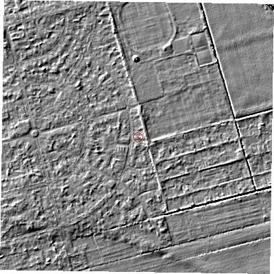 Shaded relief map of the ground around DN84QT, computed from Environment Agency LiDAR. The ground here sits at about 2 m above sea level and falls 3 m across the surrounding 800 m. Surface water reaching this point runs off ground lying to the south-east, 1.1 m higher.