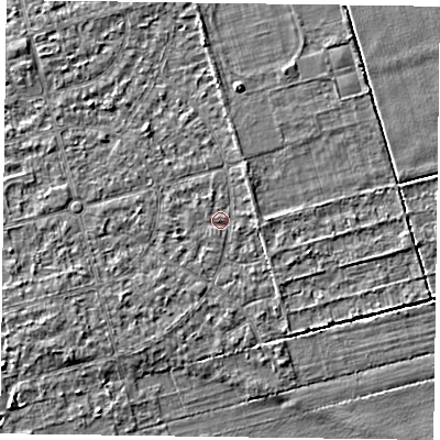 Shaded relief map of the ground around DN84QU, computed from Environment Agency LiDAR. The ground here sits at about 2 m above sea level and falls 3 m across the surrounding 800 m. Surface water reaching this point runs off ground lying to the east-south-east, 1.1 m higher.