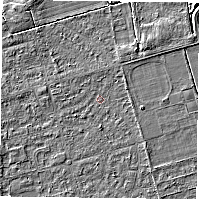 Shaded relief map of the ground around DN84QW, computed from Environment Agency LiDAR. The ground here sits at about 2 m above sea level and falls 4 m across the surrounding 800 m. Surface water reaching this point runs off ground lying to the south, 1.0 m higher.