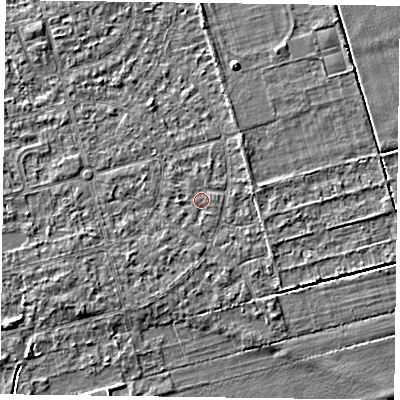Shaded relief map of the ground around DN84QX, computed from Environment Agency LiDAR. The ground here sits at about 2 m above sea level and falls 3 m across the surrounding 800 m. Surface water reaching this point runs off ground lying to the south-west, 1.1 m higher.