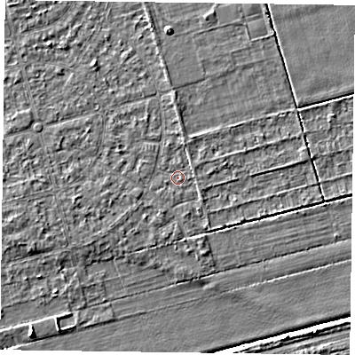 Shaded relief map of the ground around DN84QY, computed from Environment Agency LiDAR. The ground here sits at about 2 m above sea level and falls 4 m across the surrounding 800 m. Surface water reaching this point runs off ground lying to the north-east, 0.6 m higher.