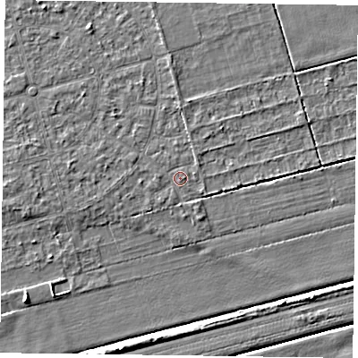 Shaded relief map of the ground around DN84QZ, computed from Environment Agency LiDAR. The ground here sits at about 2 m above sea level and falls 5 m across the surrounding 800 m. Surface water reaching this point runs off ground lying to the west, 0.7 m higher.