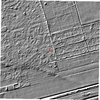 Shaded relief map of the ground around DN84RA, computed from Environment Agency LiDAR. The ground here sits at about 2 m above sea level and falls 5 m across the surrounding 800 m. Surface water reaching this point runs off ground lying to the east-south-east, 0.7 m higher.