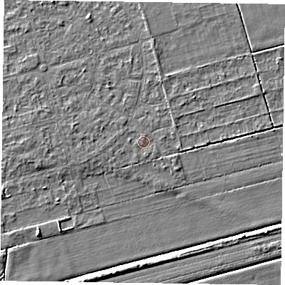 Shaded relief map of the ground around DN84RB, computed from Environment Agency LiDAR. The ground here sits at about 2 m above sea level and falls 5 m across the surrounding 800 m. Surface water reaching this point runs off ground lying to the west, 0.7 m higher.