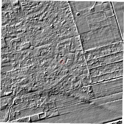 Shaded relief map of the ground around DN84RD, computed from Environment Agency LiDAR. The ground here sits at about 2 m above sea level and falls 3 m across the surrounding 800 m. Surface water reaching this point runs off ground lying to the south-west, 1.1 m higher.