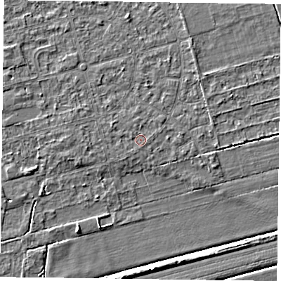 Shaded relief map of the ground around DN84RE, computed from Environment Agency LiDAR. The ground here sits at about 2 m above sea level and falls 5 m across the surrounding 800 m. Surface water reaching this point runs off ground lying to the west-north-west, 0.8 m higher.