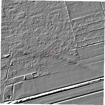 Shaded relief map of the ground around DN84RF, computed from Environment Agency LiDAR. The ground here sits at about 2 m above sea level and falls 14 m across the surrounding 800 m. Surface water reaching this point runs off ground lying to the north-west, 0.7 m higher.