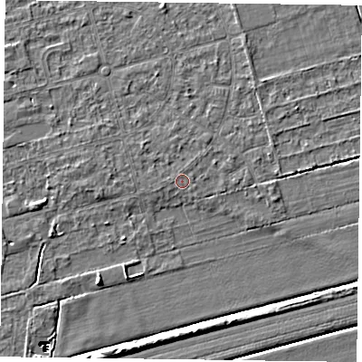 Shaded relief map of the ground around DN84RG, computed from Environment Agency LiDAR. The ground here sits at about 2 m above sea level and falls 14 m across the surrounding 800 m. The ground contributing surface water to this point lies to the north.