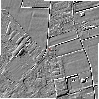 Shaded relief map of the ground around DN84RP, computed from Environment Agency LiDAR. The ground here sits at about 2 m above sea level and falls 6 m across the surrounding 800 m. Surface water reaching this point runs off ground lying to the south-south-west, 1.5 m higher.