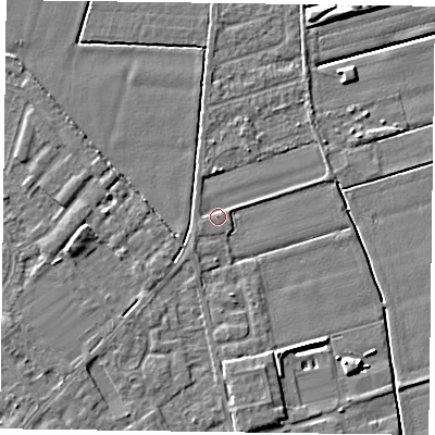 Shaded relief map of the ground around DN84RR, computed from Environment Agency LiDAR. The ground here sits at about 2 m above sea level and falls 6 m across the surrounding 800 m. Surface water reaching this point runs off ground lying to the south-west, 1.0 m higher.