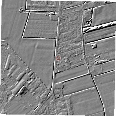 Shaded relief map of the ground around DN84RS, computed from Environment Agency LiDAR. The ground here sits at about 2 m above sea level and falls 14 m across the surrounding 800 m. Surface water reaching this point runs off ground lying to the south, 0.8 m higher.