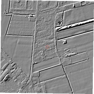 Shaded relief map of the ground around DN84RT, computed from Environment Agency LiDAR. The ground here sits at about 1 m above sea level and falls 14 m across the surrounding 800 m. Surface water reaching this point runs off ground lying to the south-west, 1.9 m higher.
