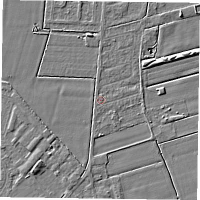 Shaded relief map of the ground around DN84RU, computed from Environment Agency LiDAR. The ground here sits at about 2 m above sea level and falls 14 m across the surrounding 800 m. Surface water reaching this point runs off ground lying to the south, 2.1 m higher.
