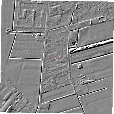 Shaded relief map of the ground around DN84RX, computed from Environment Agency LiDAR. The ground here sits at about 1 m above sea level and falls 14 m across the surrounding 800 m. Surface water reaching this point runs off ground lying to the south-south-west, 1.9 m higher.