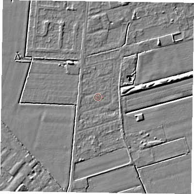 Shaded relief map of the ground around DN84RY, computed from Environment Agency LiDAR. The ground here sits at about 1 m above sea level and falls 14 m across the surrounding 800 m. Surface water reaching this point runs off ground lying to the south-south-west, 1.9 m higher.