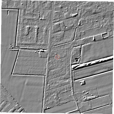 Shaded relief map of the ground around DN84RZ, computed from Environment Agency LiDAR. The ground here sits at about 1 m above sea level and falls 14 m across the surrounding 800 m. Surface water reaching this point runs off ground lying to the south-south-west, 1.1 m higher.
