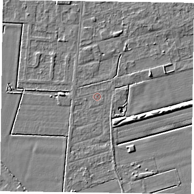 Shaded relief map of the ground around DN84SA, computed from Environment Agency LiDAR. The ground here sits at about 1 m above sea level and falls 14 m across the surrounding 800 m. Surface water reaching this point runs off ground lying to the south-south-west, 1.1 m higher.