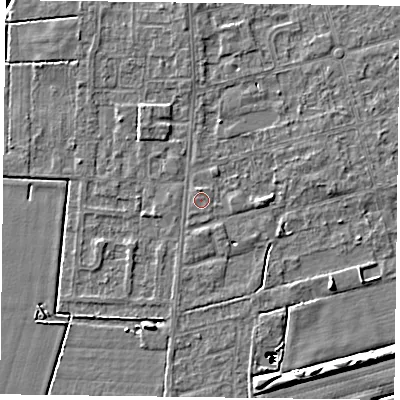 Shaded relief map of the ground around DN84SB, computed from Environment Agency LiDAR. The ground here sits at about 2 m above sea level and falls 14 m across the surrounding 800 m. Surface water reaching this point runs off ground lying to the north-north-west, 0.9 m higher.