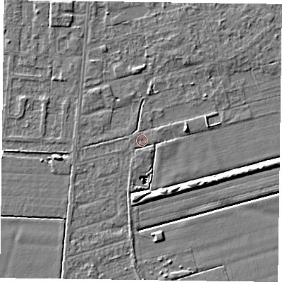 Shaded relief map of the ground around DN84SD, computed from Environment Agency LiDAR. The ground here sits at about 1 m above sea level and falls 14 m across the surrounding 800 m. Surface water reaching this point runs off ground lying to the north-north-west, 2.1 m higher.