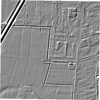 Shaded relief map of the ground around DN84SE, computed from Environment Agency LiDAR. The ground here sits at about 2 m above sea level and falls 5 m across the surrounding 800 m. Surface water reaching this point runs off ground lying to the north-west, 2.5 m higher.