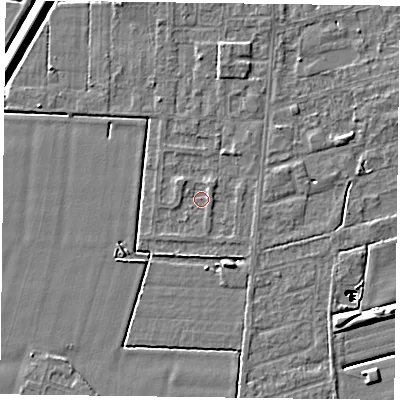 Shaded relief map of the ground around DN84SF, computed from Environment Agency LiDAR. The ground here sits at about 1 m above sea level and falls 14 m across the surrounding 800 m. Surface water reaching this point runs off ground lying to the north-north-east, 0.9 m higher.